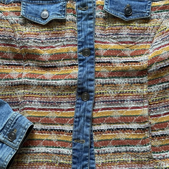 Chico's Cool Weave Denim Jean Jacket Women Sz 1 Medium Boho Artsy Eclectic Retro - Picture 5 of 12